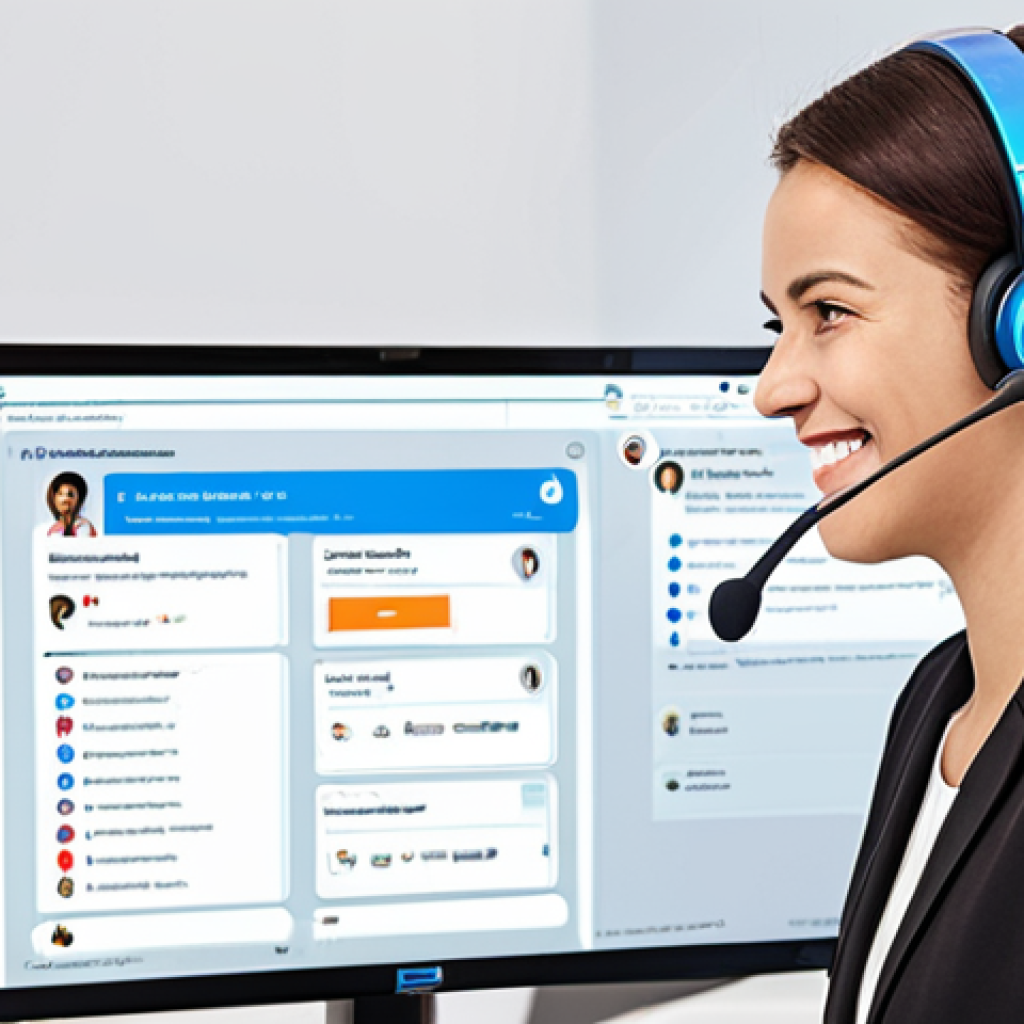 **

A brightly lit, modern office setting. In the foreground, a friendly customer service representative wearing a headset smiles while assisting a customer via a user-friendly chatbot interface displayed on a large monitor. Icons representing FAQs, a knowledge base, and social media are subtly visible in the background. The overall feeling is helpful and efficient.

**