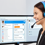 **

A brightly lit, modern office setting. In the foreground, a friendly customer service representative wearing a headset smiles while assisting a customer via a user-friendly chatbot interface displayed on a large monitor. Icons representing FAQs, a knowledge base, and social media are subtly visible in the background. The overall feeling is helpful and efficient.

**