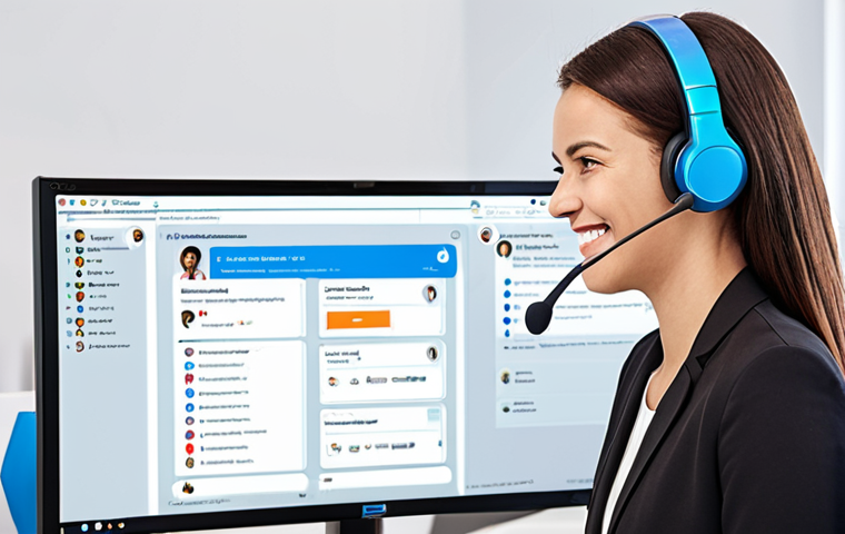 **

A brightly lit, modern office setting. In the foreground, a friendly customer service representative wearing a headset smiles while assisting a customer via a user-friendly chatbot interface displayed on a large monitor. Icons representing FAQs, a knowledge base, and social media are subtly visible in the background. The overall feeling is helpful and efficient.

**