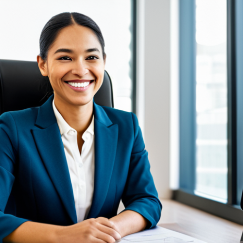 A professional customer service agent, fully clothed in a modest business suit, seated at a modern desk in a brightly lit, clean office. The agent smiles warmly while looking at a monitor displaying a live chat interface, suggesting efficient and empathetic customer interaction. On a tablet held by a diverse customer, visible in a split screen or overlay, a look of relief and satisfaction is evident. The background is a contemporary office, subtly showcasing a trusted brand's clean logo. High resolution, professional photography, realistic, perfect anatomy, correct proportions, natural pose, well-formed hands, proper finger count, natural body proportions, safe for work, appropriate content, fully clothed, family-friendly.