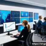 Home 20 실시간 고객 지원의 비용 절감 방법 - A modern Dutch customer support office scene featuring employees working on computers with large scr...