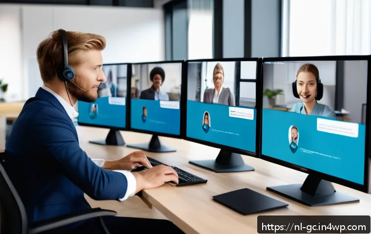 고객 대화 분석을 통한 서비스 개선 - A modern Dutch customer service office scene showing a diverse team of professionals actively listen...